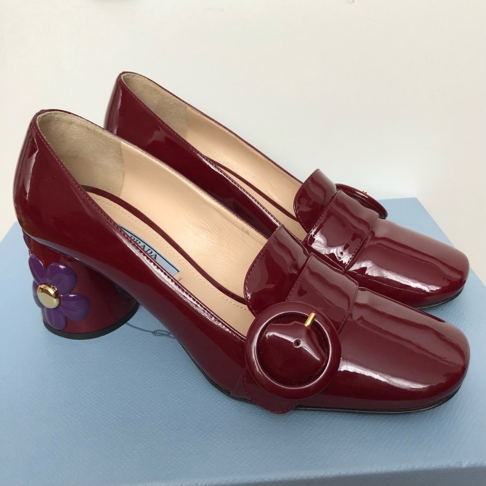 Prada flower-embellished block heel loafer pumps